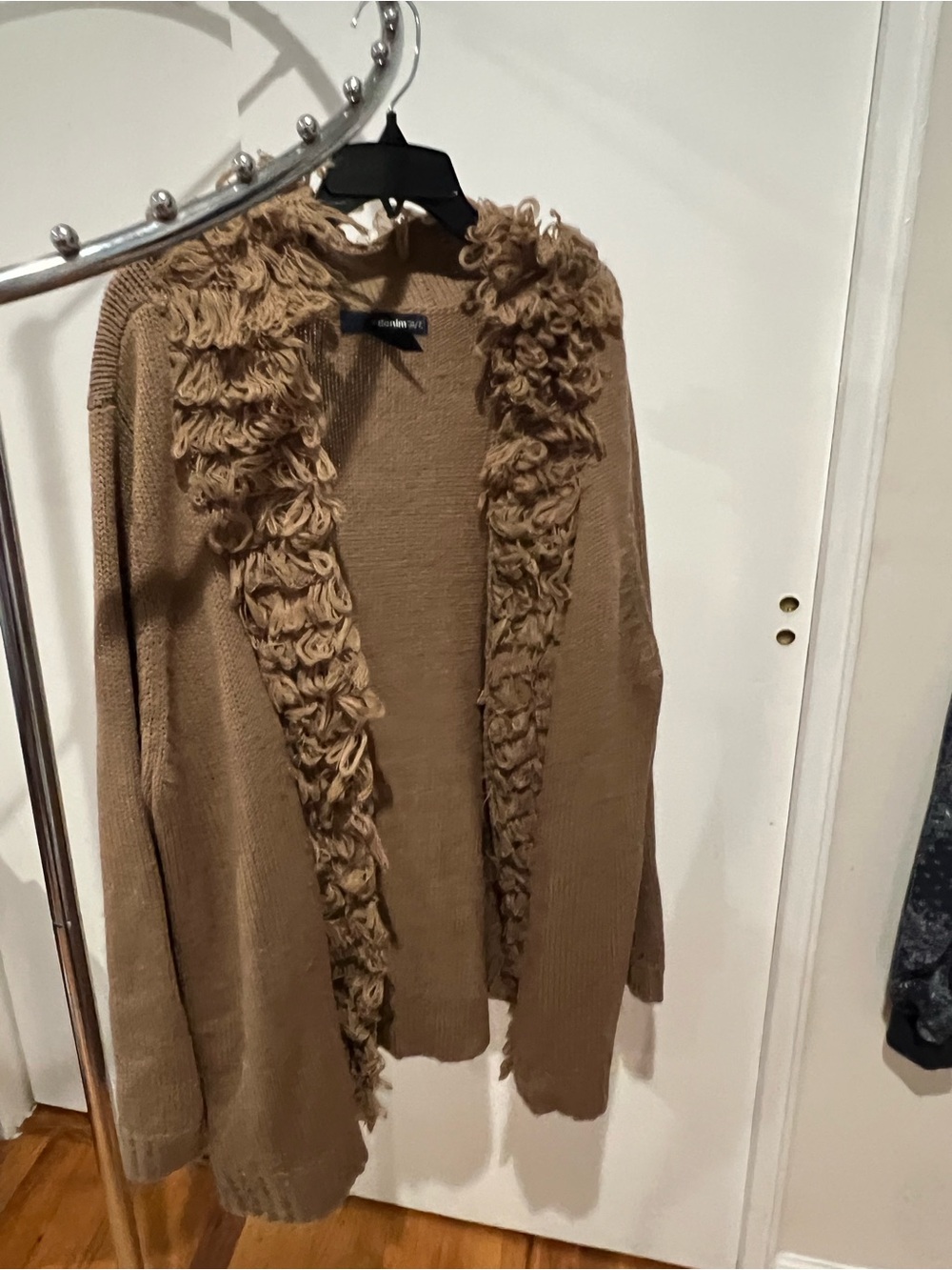 Faux-Shearling Trim Open Front Sweater Cardigan - Brown